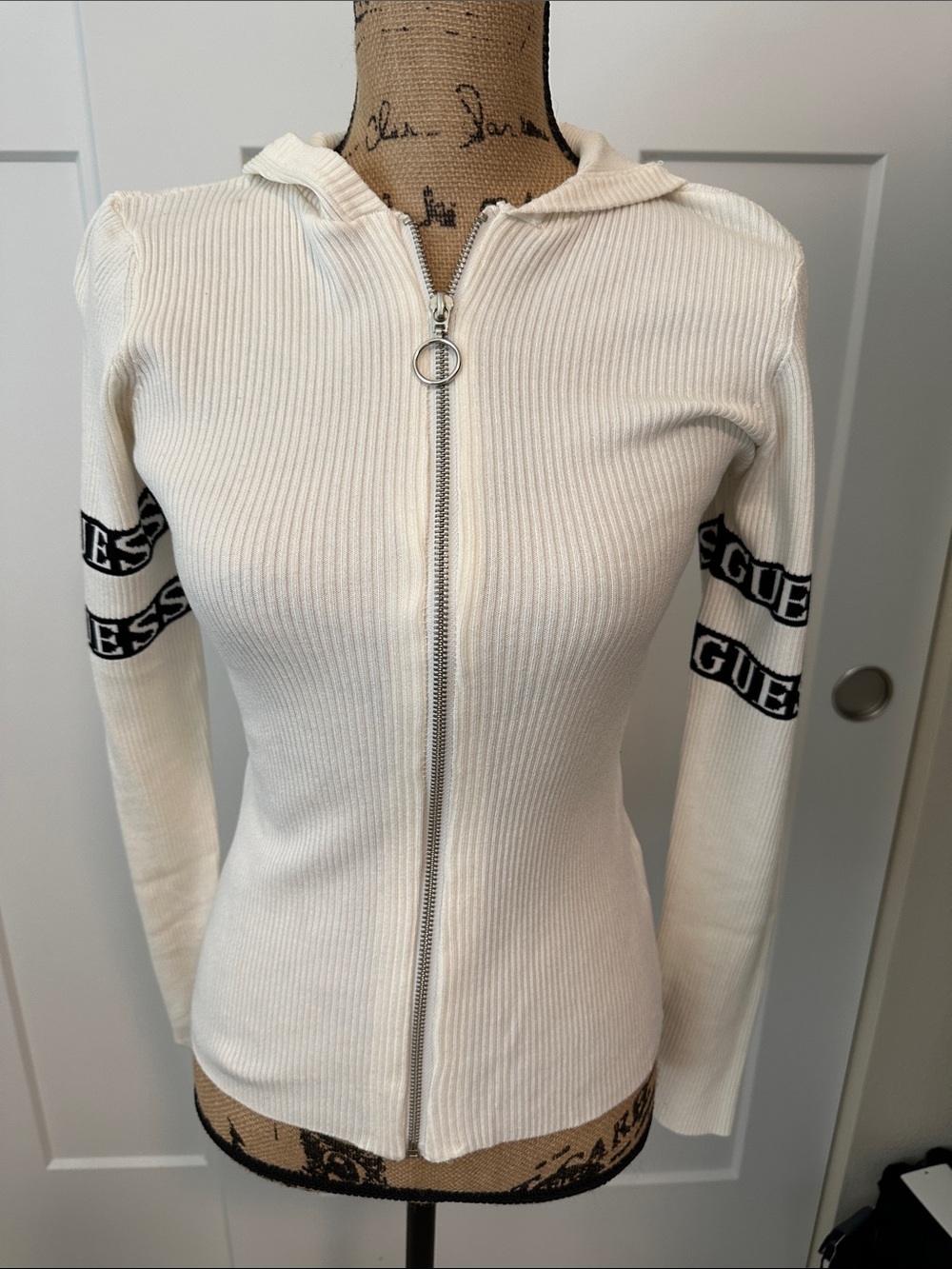 Guess White Ribbed Zip Hoodie with Black Logo Sleeve Bands